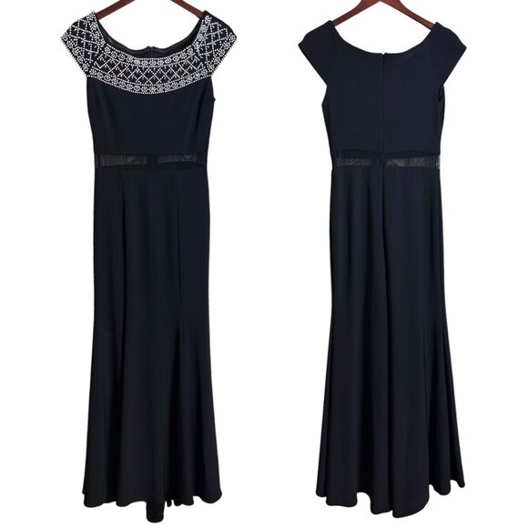 Xscape Black Beaded Neckline Bodice Maxi Gown Long Dress Size 6 NEW Sheer Detail - Picture 1 of 10